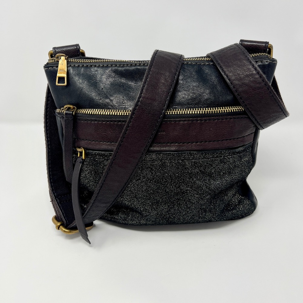Fossil Black Leather Glitter Crossbody Bag‎ Multi Zip Messenger Antique Brass